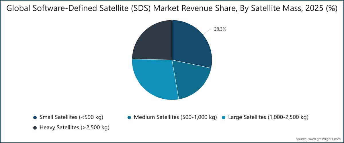 글로벌 소프트웨어 정의 위성(SDS) 시장 매출 점유율, 위성 질량별, 2025년(%)