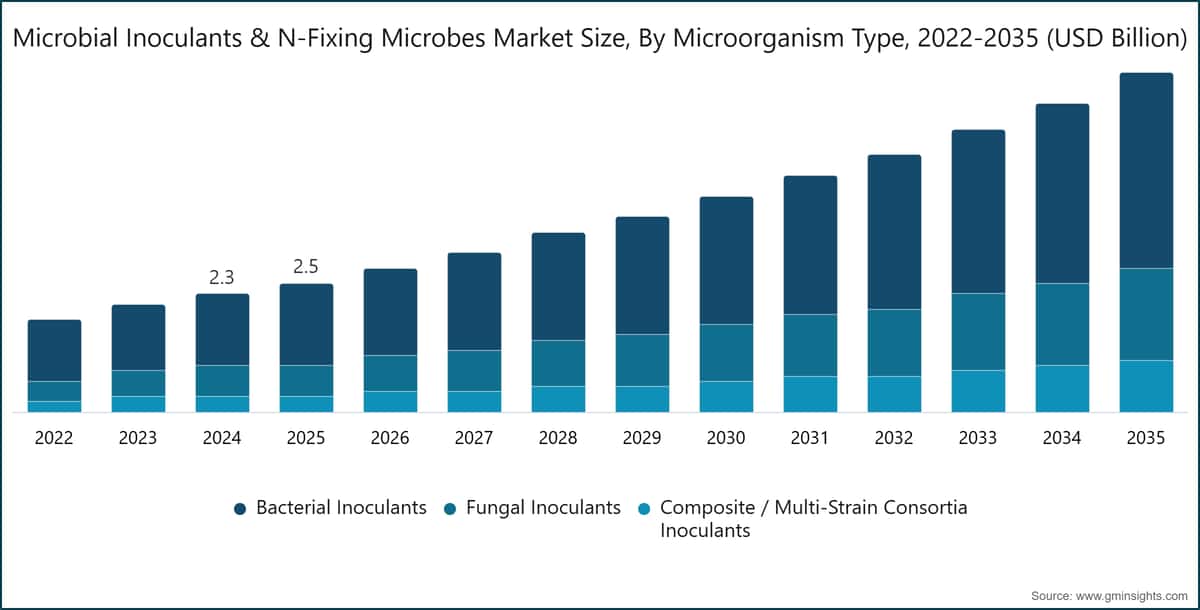  Microbial Inoculants & N-Fixing Microbes Market Size, By Microorganism Type, 2022-2035 (USD Billion)