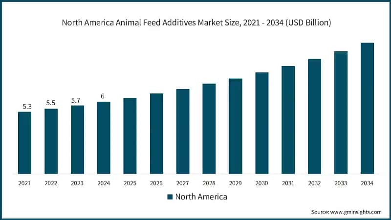 North America Animal Feed Additives Market Size, 2021 - 2034 (USD Billion)