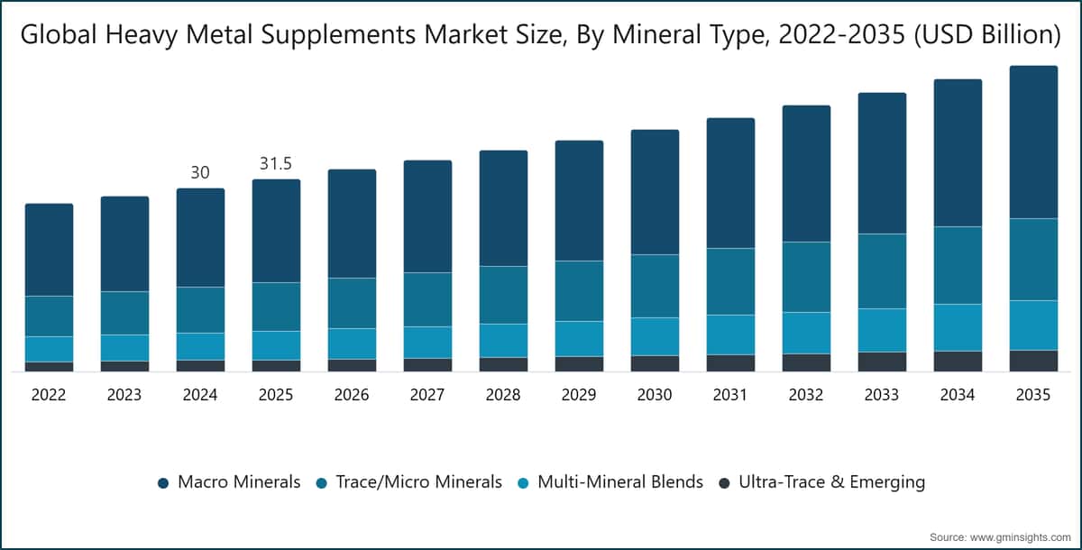 Global Heavy Metal Supplements Market Size, By Mineral Type, 2022-2035 (USD Billion)