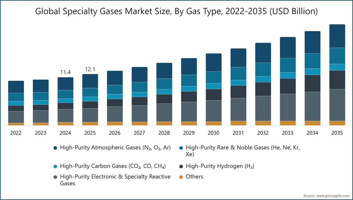Global Specialty Gases Market Size, By Gas Type, 2022-2035 (USD Billion)