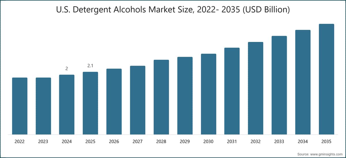 Marktgröße für Detergent-Alkohole in den USA, 2022–2035 (Milliarden USD)