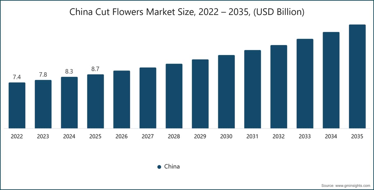 Dimensione del mercato cinese dei fiori recisi, 2022–2035 (miliardi di dollari USA)