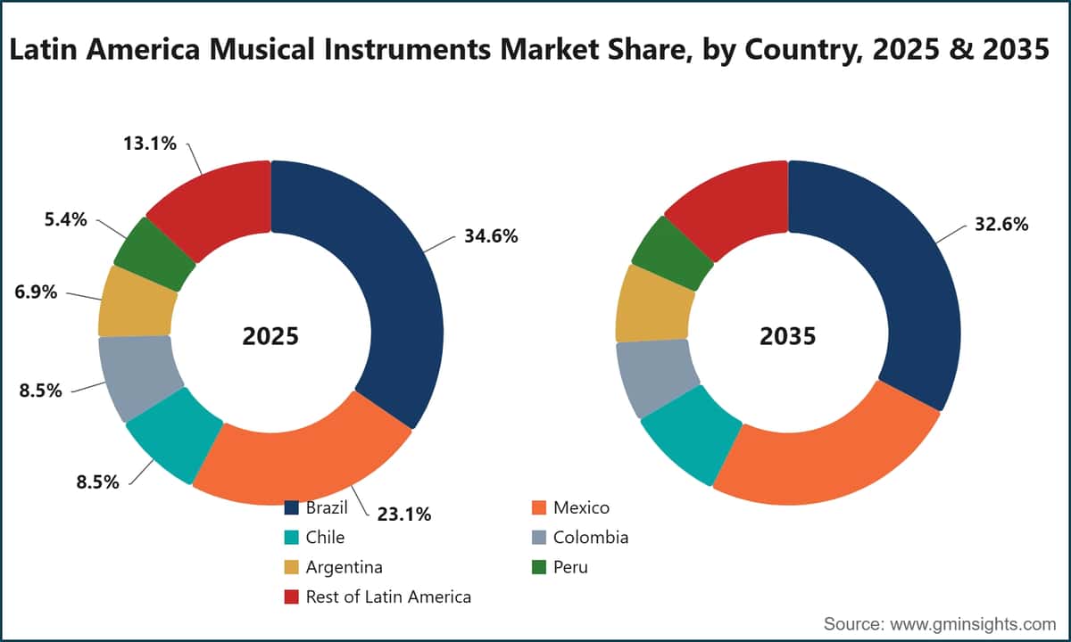 Latin America Musical Instruments Market Share, by Country, 2025 & 2035