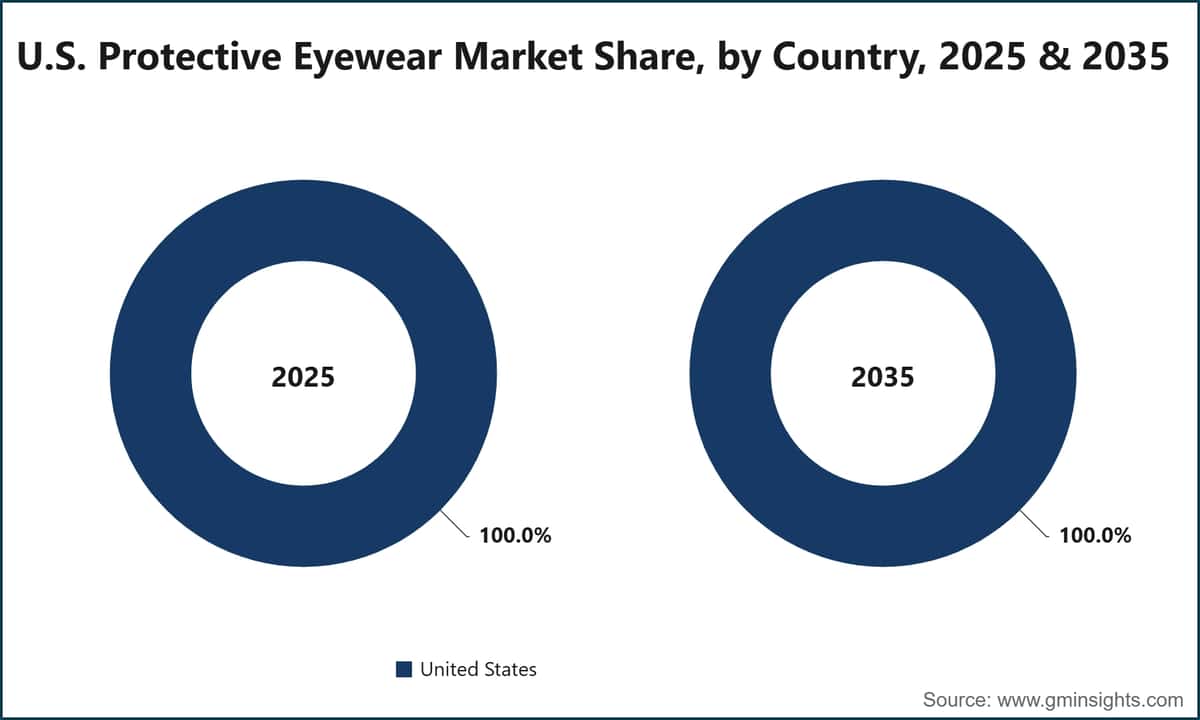 Part du marché américain des lunettes de protection, par pays, 2025 et 2035