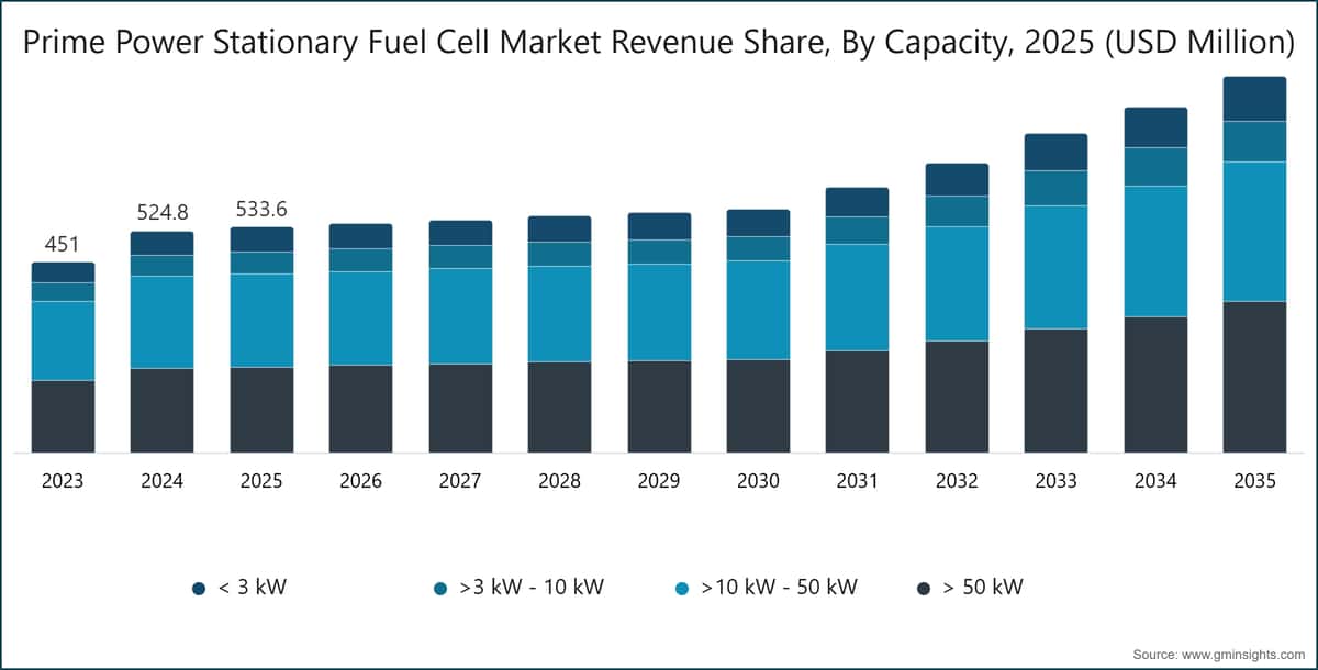 Prime Power Stationary Fuel Cell Market Revenue Share, By Capacity, 2025 (USD Million)
