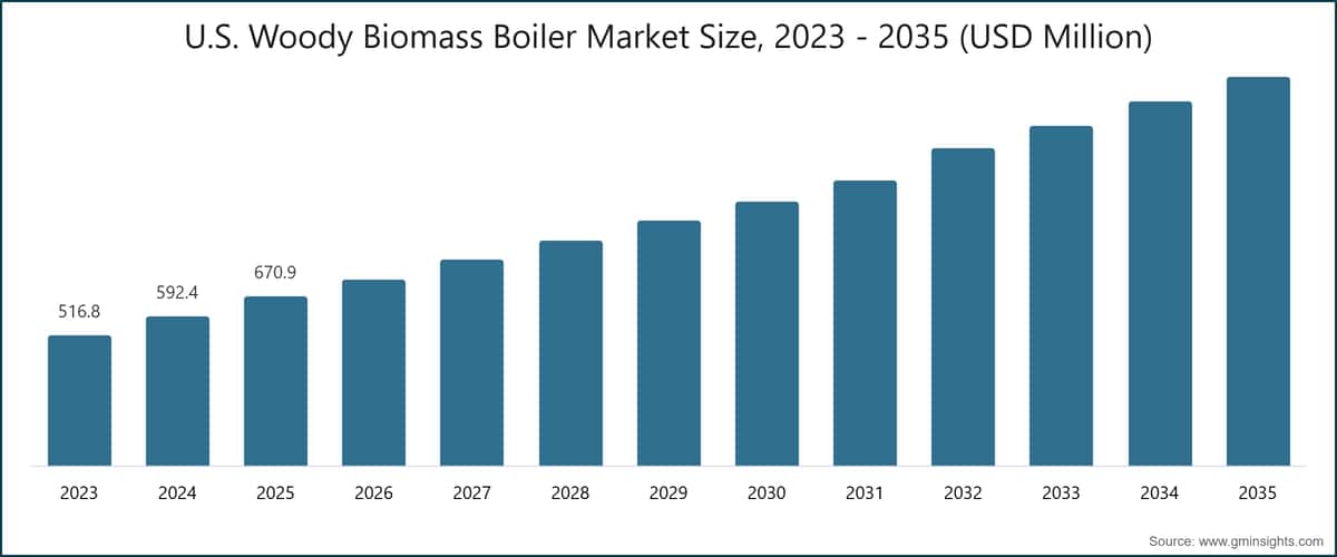 U.S. Woody Biomass Boiler Market Size, 2023 - 2035 (USD Million)