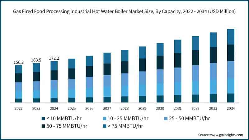 Gas Fired Food Processing Industrial Hot Water Boiler Market Size, By Capacity, 2022 - 2034 (USD Million)
