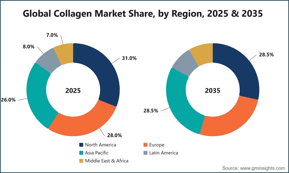 Global Collagen Market Share, by Region, 2025 & 2035