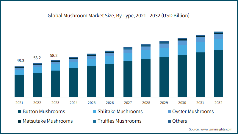 Global Mushroom Market Size, By Type, 2021 - 2032 (USD Billion)