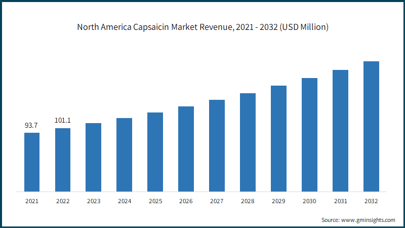  North America Capsaicin Market Revenue, 2021 - 2032 (USD Million)