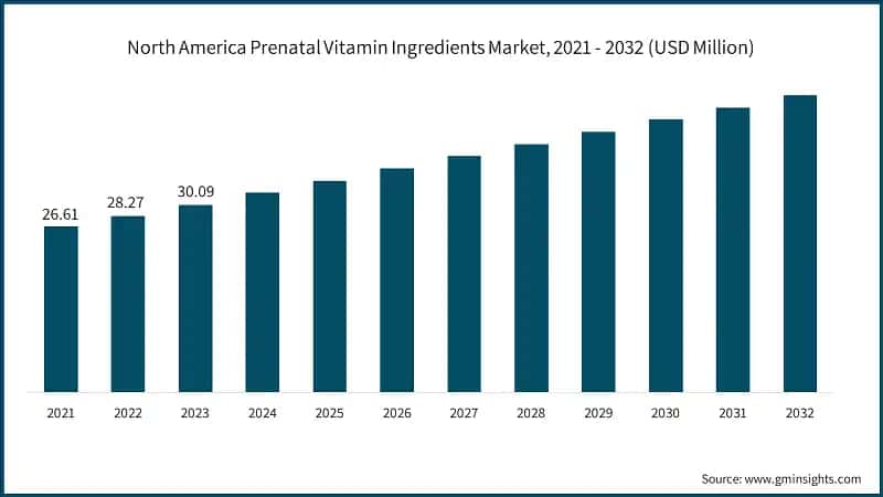 North America Prenatal Vitamin Ingredients Market, 2021 - 2032 (USD Million)