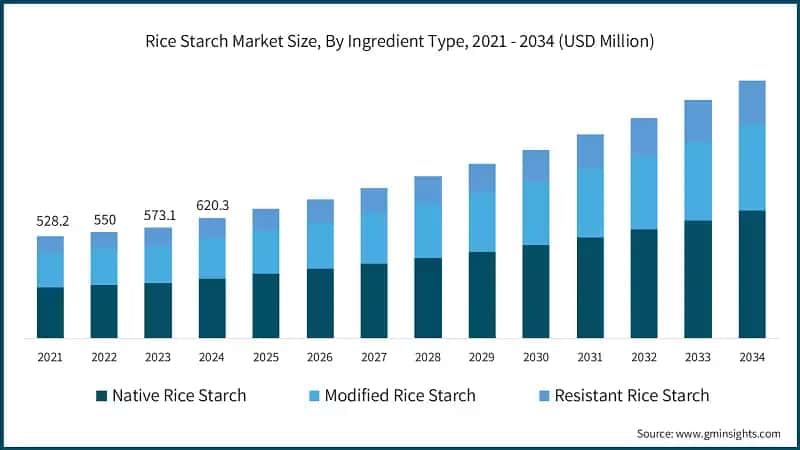 Rice Starch Market Size, By Ingredient Type, 2021 - 2034 (USD Million)