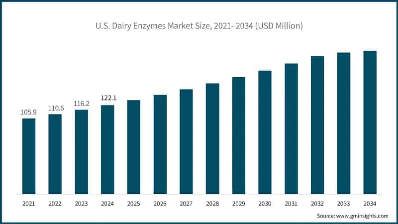 U.S. Dairy Enzymes Market Size, 2021- 2034 (USD Million)