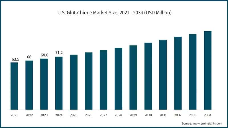  U.S. Glutathione Market Size, 2021 - 2034 (USD Million)