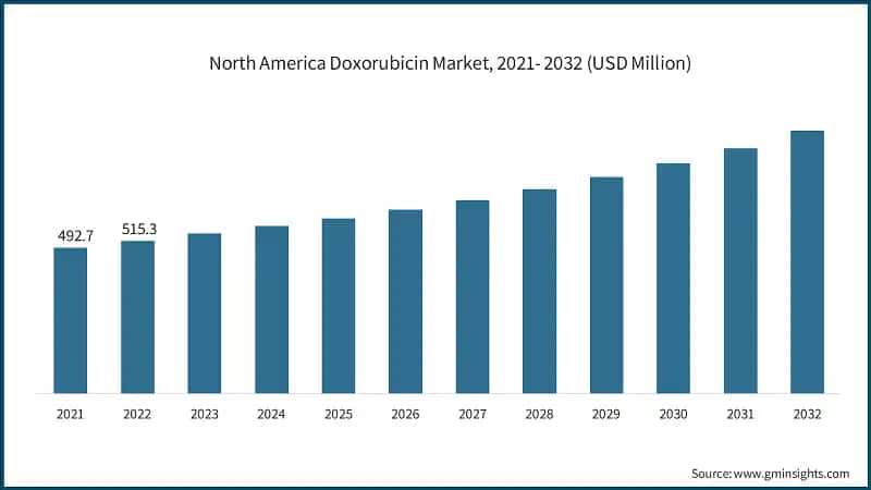 North America Doxorubicin Market, 2021- 2032 (USD Million)