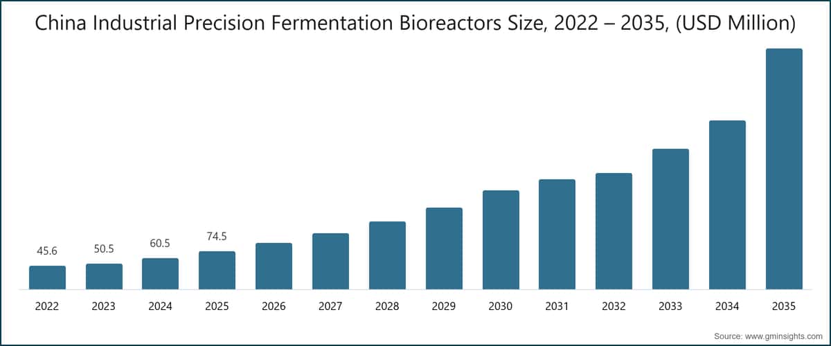 China Industrial Precision Fermentation Bioreactors Size, 2022 – 2035, (USD Million)