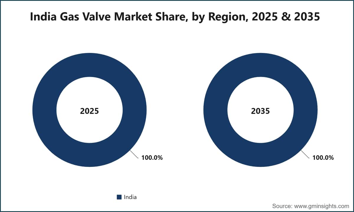 印度燃气阀门市场份额，按地区划分，2025年和2035年