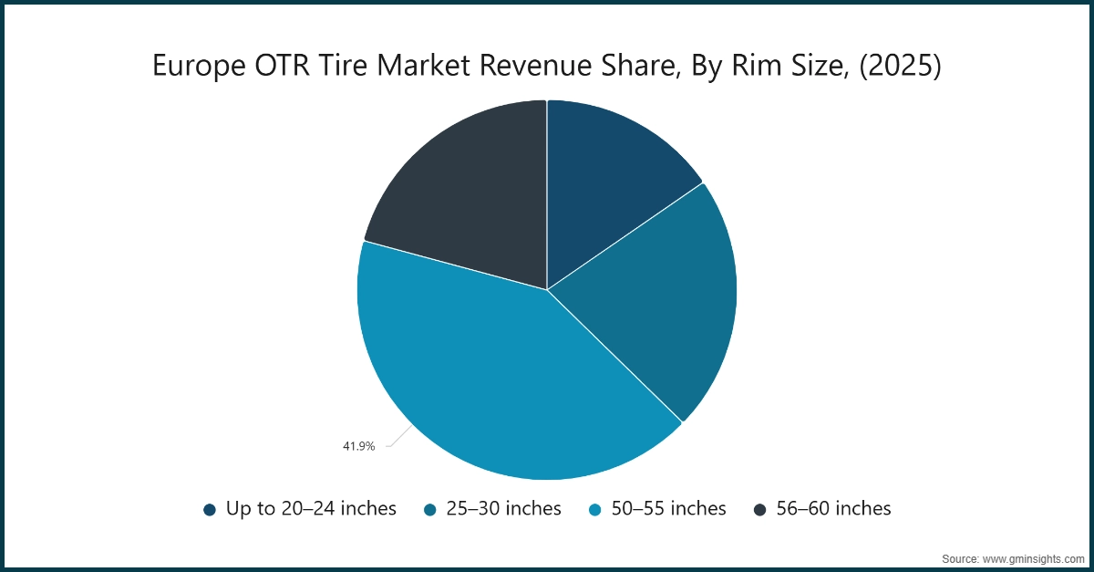 Participación en los ingresos del mercado de neumáticos OTR en Europa, por tamaño de llanta, (2025)