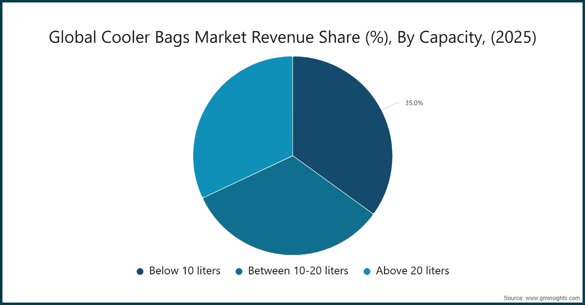 全球冰袋市场收入份额（%）按容量分类（2025年）