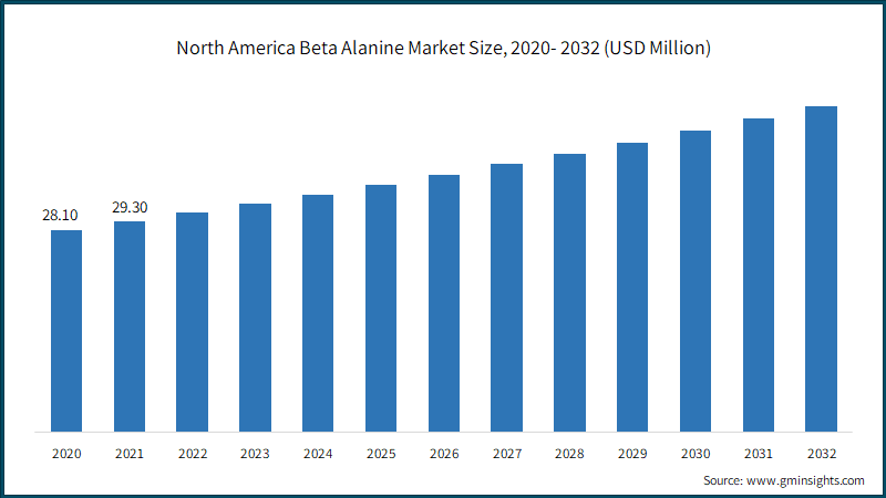 North America Beta Alanine Market Size, 2020- 2032 (USD Million)