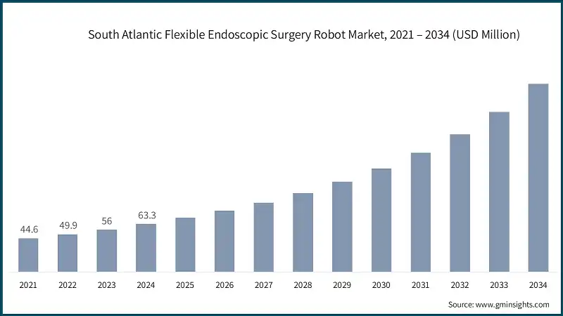南大西洋柔性内窥镜手术机器人市场，2021 – 2034（百万美元）
