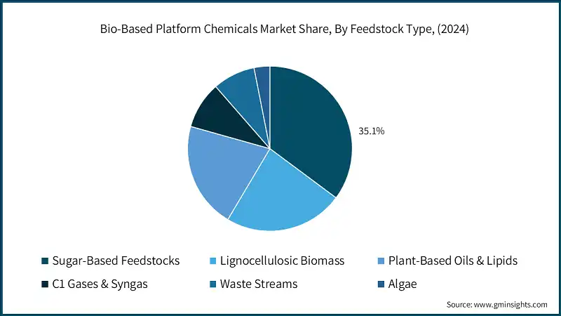 Quota di mercato delle sostanze chimiche di base bio, Per tipo di materia prima, (2024)
